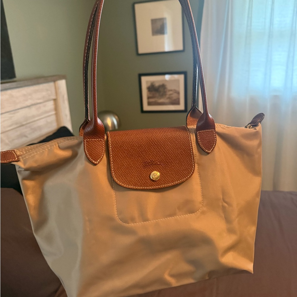 Longchamp La Pliage Medium Tan and Brown Tote Bag